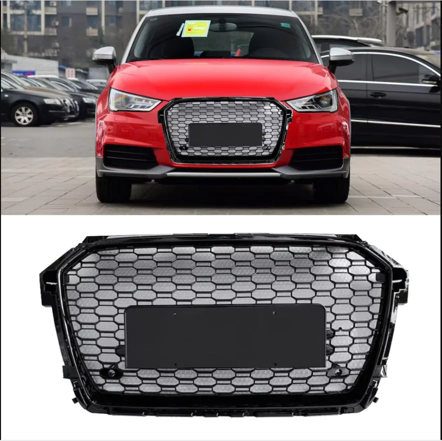 For Audi A1 2016 2017 2018  RS1 Honeycomb Grill Grille Black Frame Black Rings