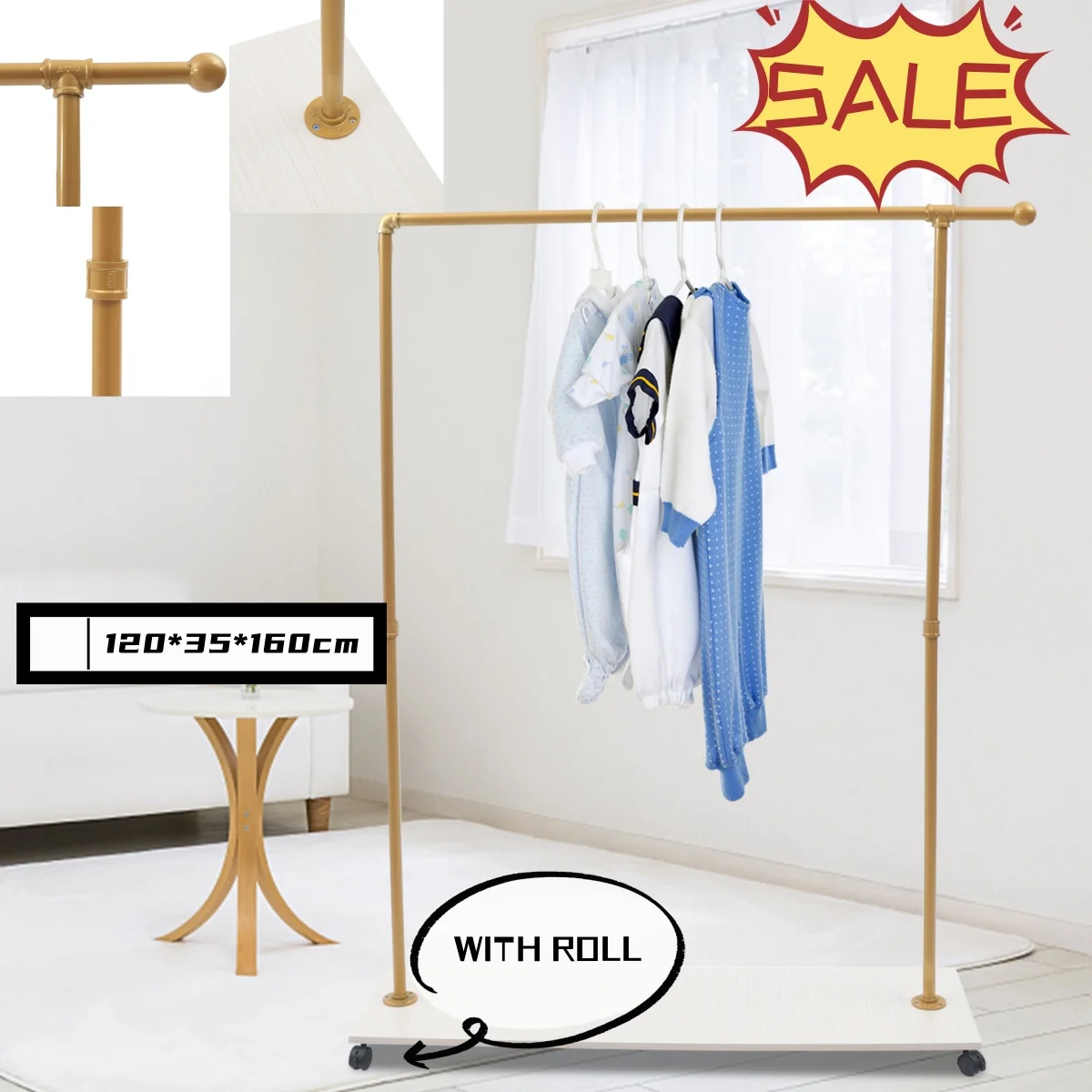 120*35*160cm Indoor Floor Standing Clothing Bracket with Bottom Plate and Roller Coat Rack Home Furniture