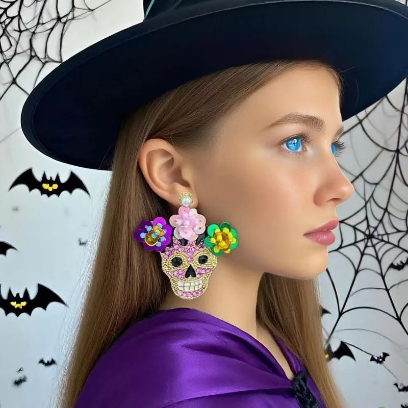 Halloween Unique Colorful Flower Sugar Skull Earrings Zircon Rhinestone Pearls Skeleton Drop Earrings for Women Day of the Dead