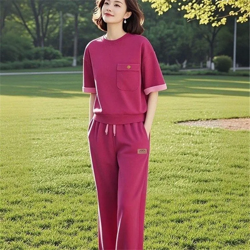 

100% Cotton Women's Casual Set 2025 Summer New Female Fashion Round Neck Suit Contrast Rose Red Ladies White Two-piece Suit