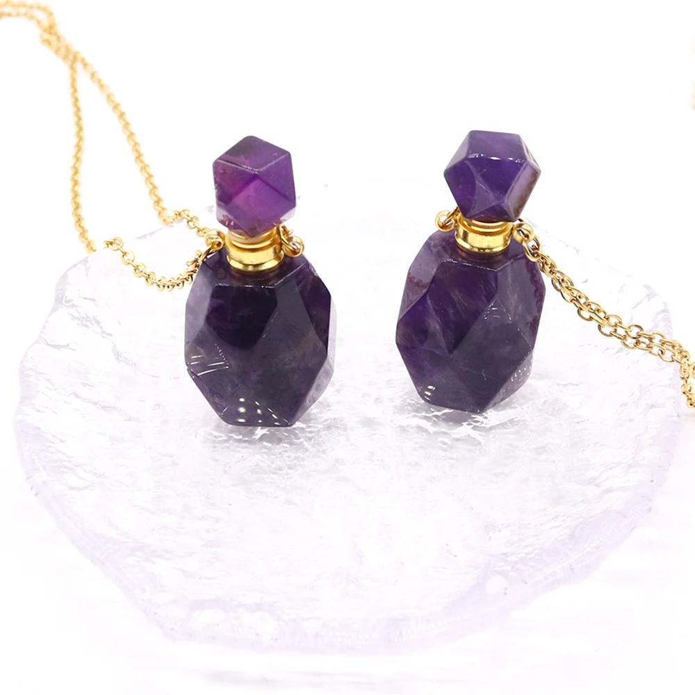 

Fashion Woman Jewelry Supplies Amethyst Natural Stone Essential Oil Diffuser Perfume Bottle Pendant Necklace 2pcs Wholesales
