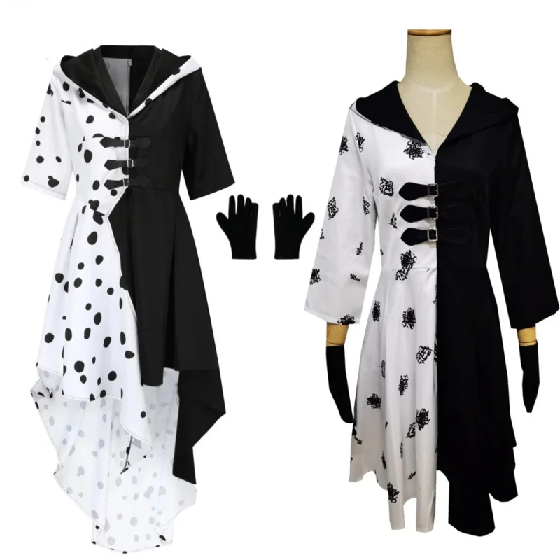 Costume de Cosplay Cruella De Vil du Film Evil Madame pour Femme, Robe de Demoiselle d'Honneur Noire et Blanche, Perruque de Barrage de ixd'Halloween