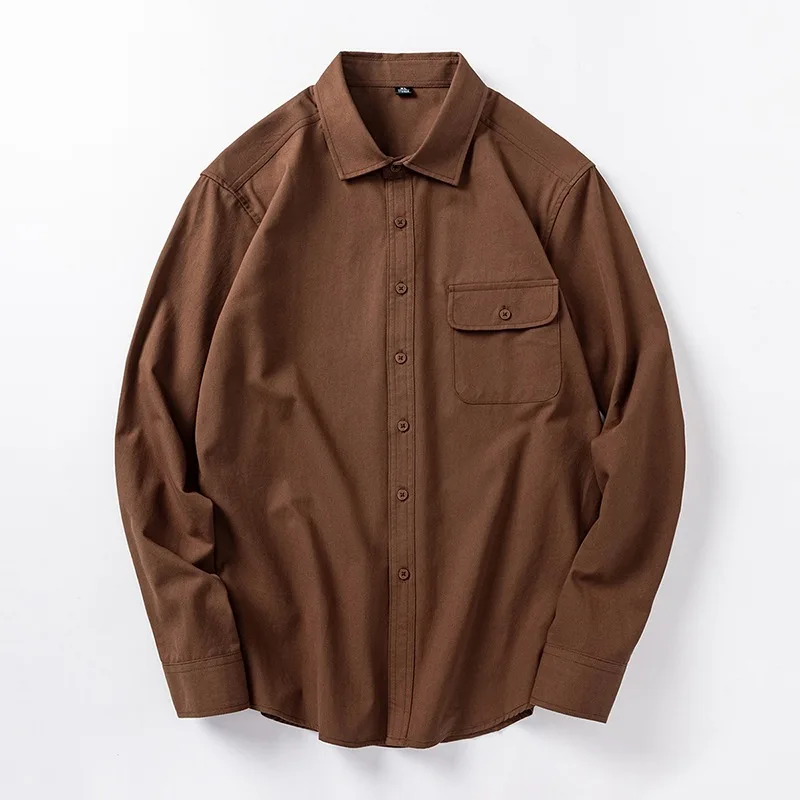 

Men's Brown Cotton Button Down Shirt American Retro Style Long Sleeve Casual Workwear Top