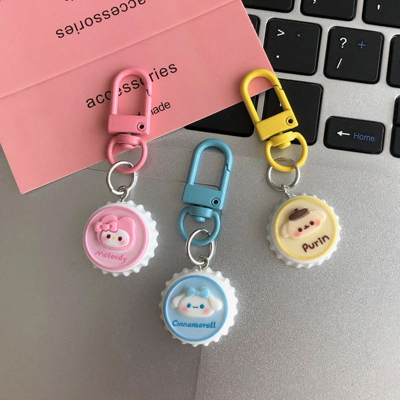 Sweet Sanrio Anime Cinnamoroll Kuromi Melody Purin Pochacco Kt Cat Keychain Pendant Cute Bottle Cap Keychain Bag Decoration