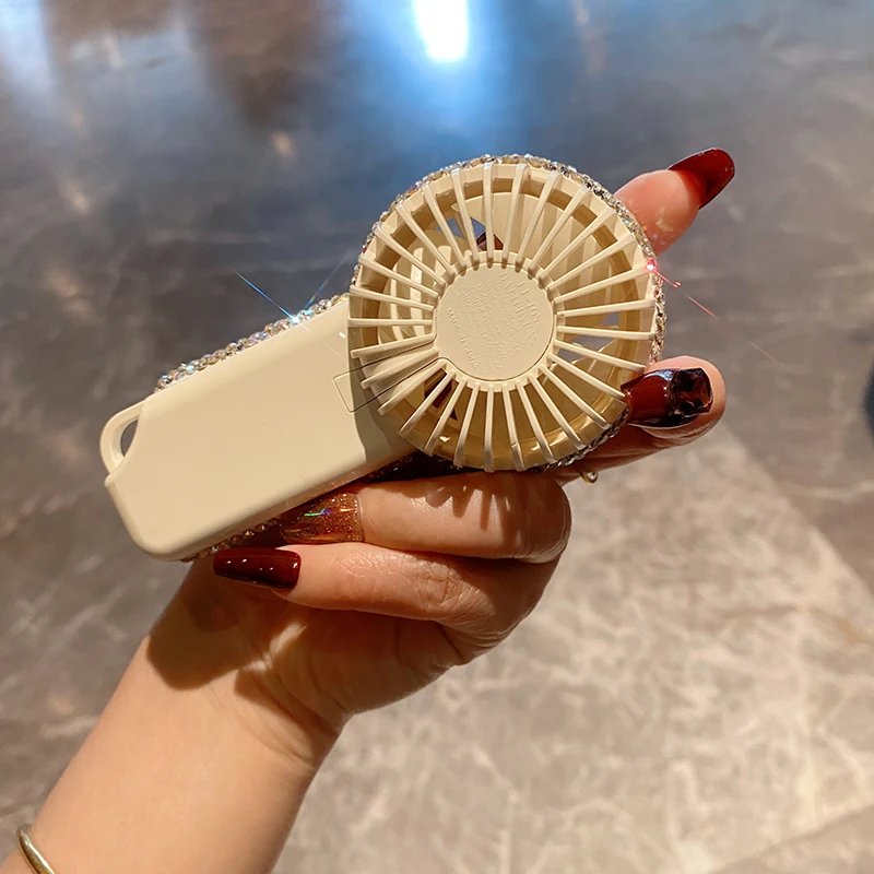 USB Charging Mini Fan with Rhinestone for Women Student and Office Workers Summer Outdoor Cooling Portable Handheld Small Fan