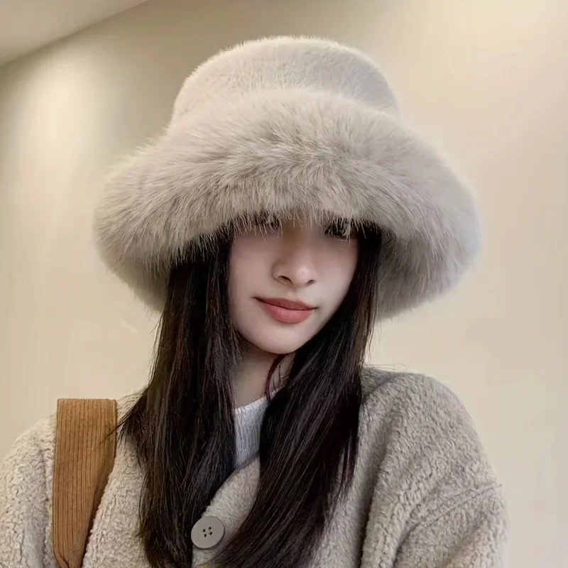 Fashion Faux Fur Big Bucket Hat for Women Russian Cossack Fluffy Winter Wrap Hat Fuzzy Fluffy Bucket Hat Oversized Pink Wine Red