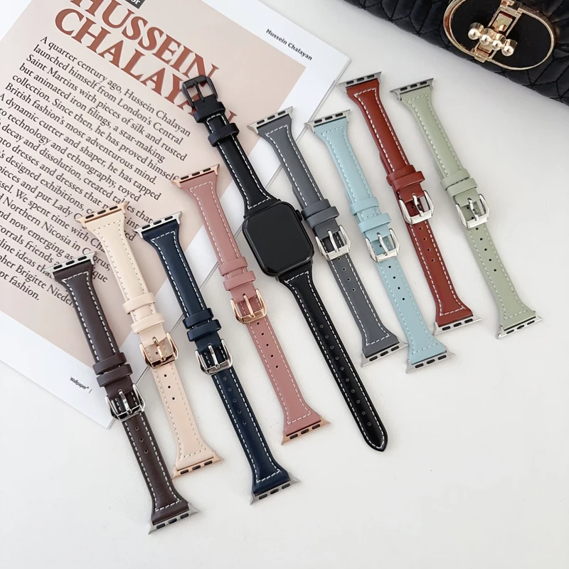 

Slim Leather Strap for Apple Watch Band 40mm 44mm 38mm 42mm 41mm Ultra 2 49mm Women Bracelet for Iwatch Series 9 8 7 SE 6 5 4 3