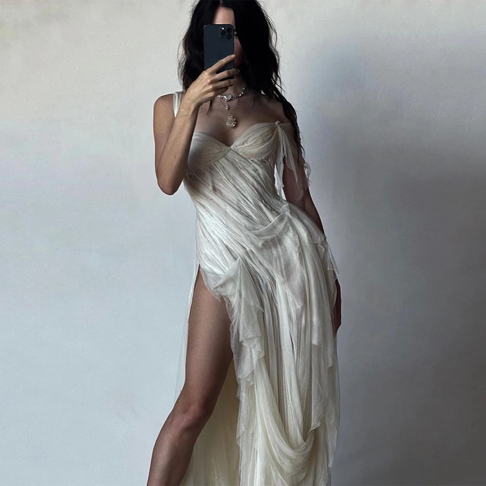 

Sexy Side Slit Tulle Evening Dress Classic Off the Shoulder Party Dresses Fashion Sweep Train Customized Special Occasion Gowns