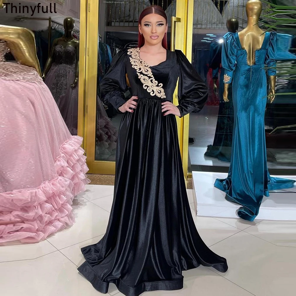 

Thinyfull A-line Black Arabic Prom Dress Long Sleeve Appliques Evening Party Gown 2023 Event Dress Vestidos De Noche Dubai