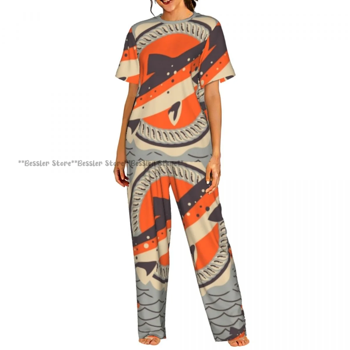 

Женский пижамный комплект с принтом лосося в ретро-стиле, с коротким рукавом, 2 предмета, для дома и отдыха
