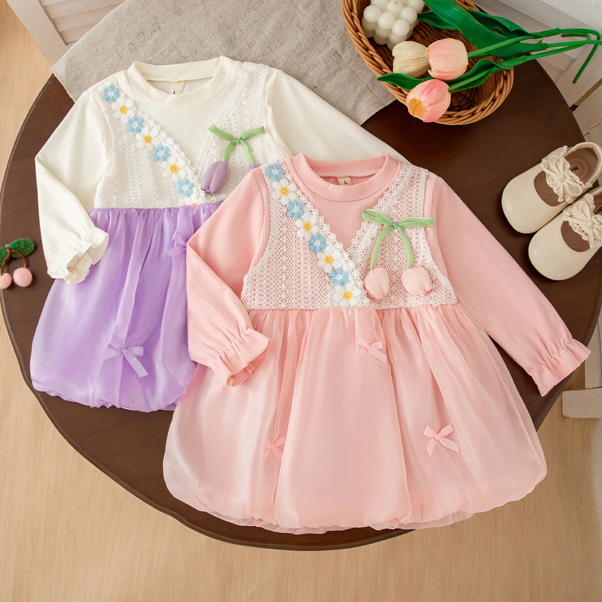 Gentle Wind Autumn/Winter New Girl Dress Sweet Mesh Princess Dress Long Sleeve Baby Girl Birthday Dress Daily Travel Dress