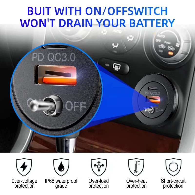 12V/24V USB Outlet SOCKET 36W 2Port Dual PD USB C Car Charger Socket and Quick Charge 3.0 USB Charger with Power Switch