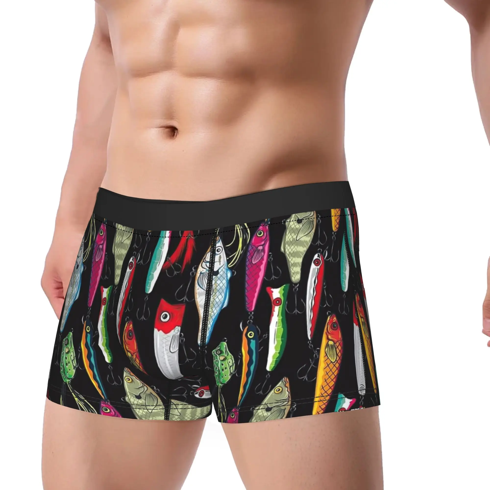 Fish Bait Underwear Colorful Printed Fish Fishing Pattern Men Boxer Brief Funny Boxershorts High Quality Large Size Underpants