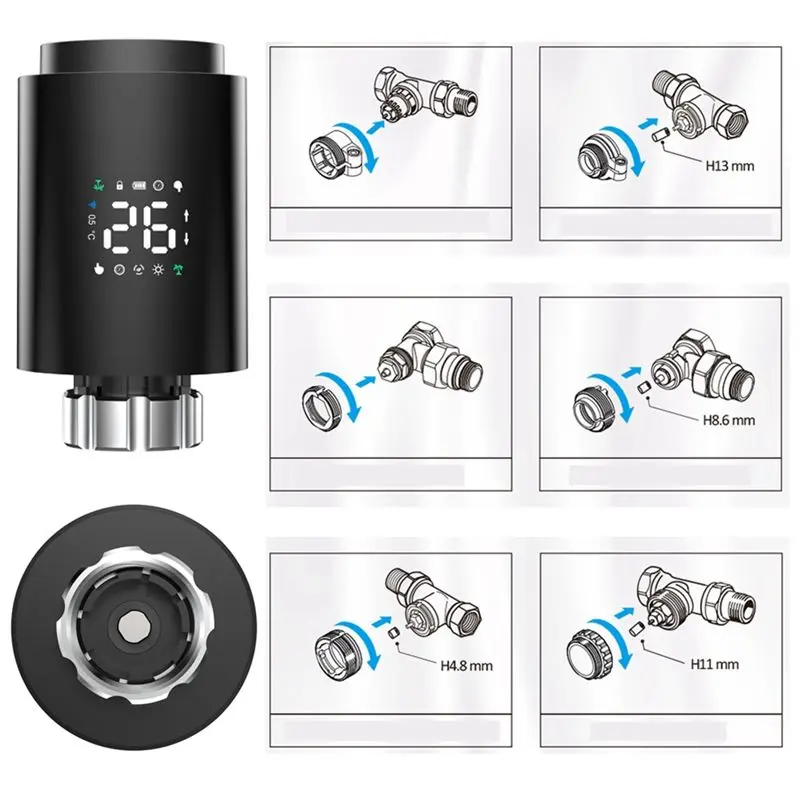 【Big Deal】Tuya Smart Zigbee Radiator Actuator TRV Programmable Thermostatic Radiator Valve App Remote Easy Install Black