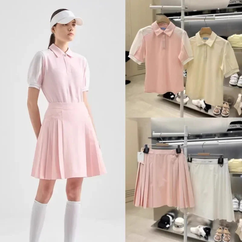 

Golf Suit Women's Contrasting Color Lapel Short-sleeved T-shirt Slim-fitting Top Elastic Waist Pleated Edge Skirt