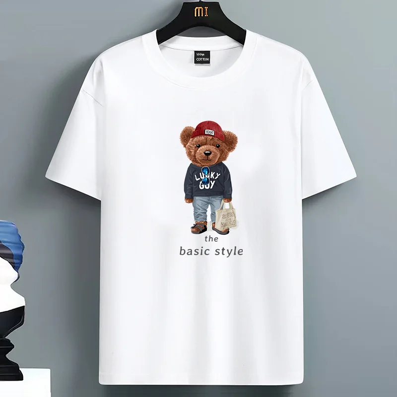 

For Men's 100% Cotton Summer Casual Loose Fit Large Bag Bear Print Round Neck Short Sleeved T-shirt Top High Street Unisex Style