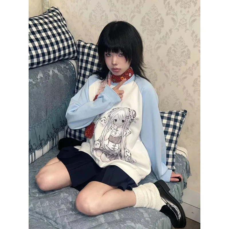 

White Blue Patchwork Hoodies Harajuku Subculture Y2k Cosplay Sweatshirts Spring Autumn 2024 Casual New Anime Printed Hoody