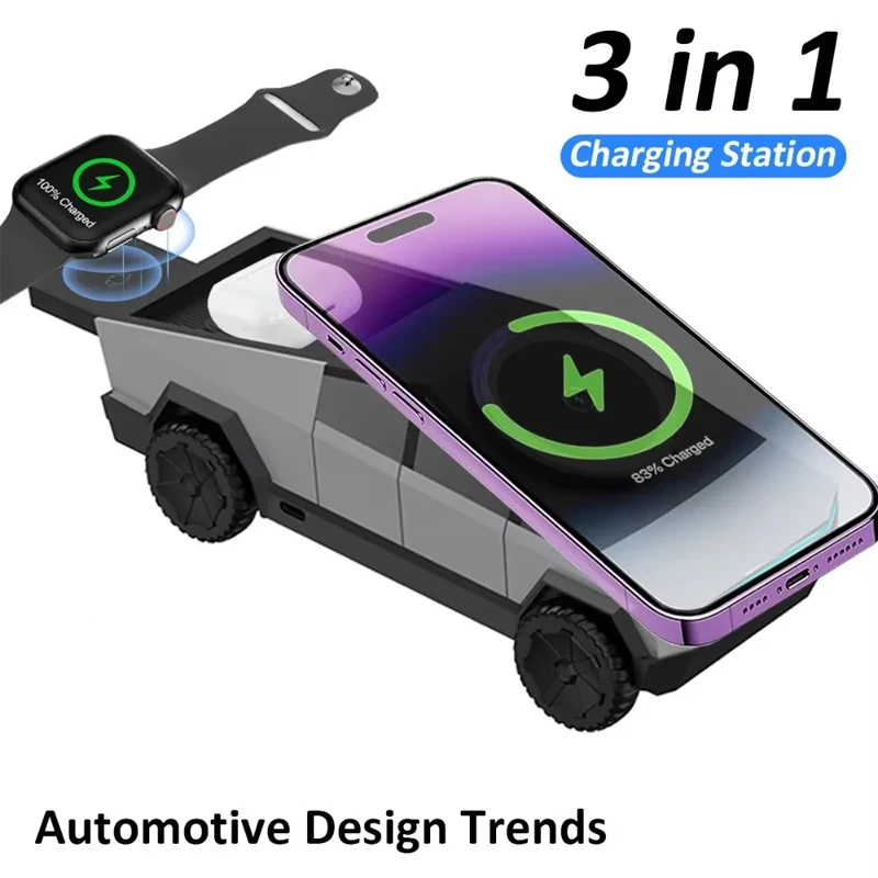 

Настольное магнитное беспроводное зарядное устройство 3-в-1 Cybertruck с быстрой зарядкой и подставкой для телефона для iPhone 17, 16, 15 Pro Max, Apple, Samsung Watch, Airpods Pro