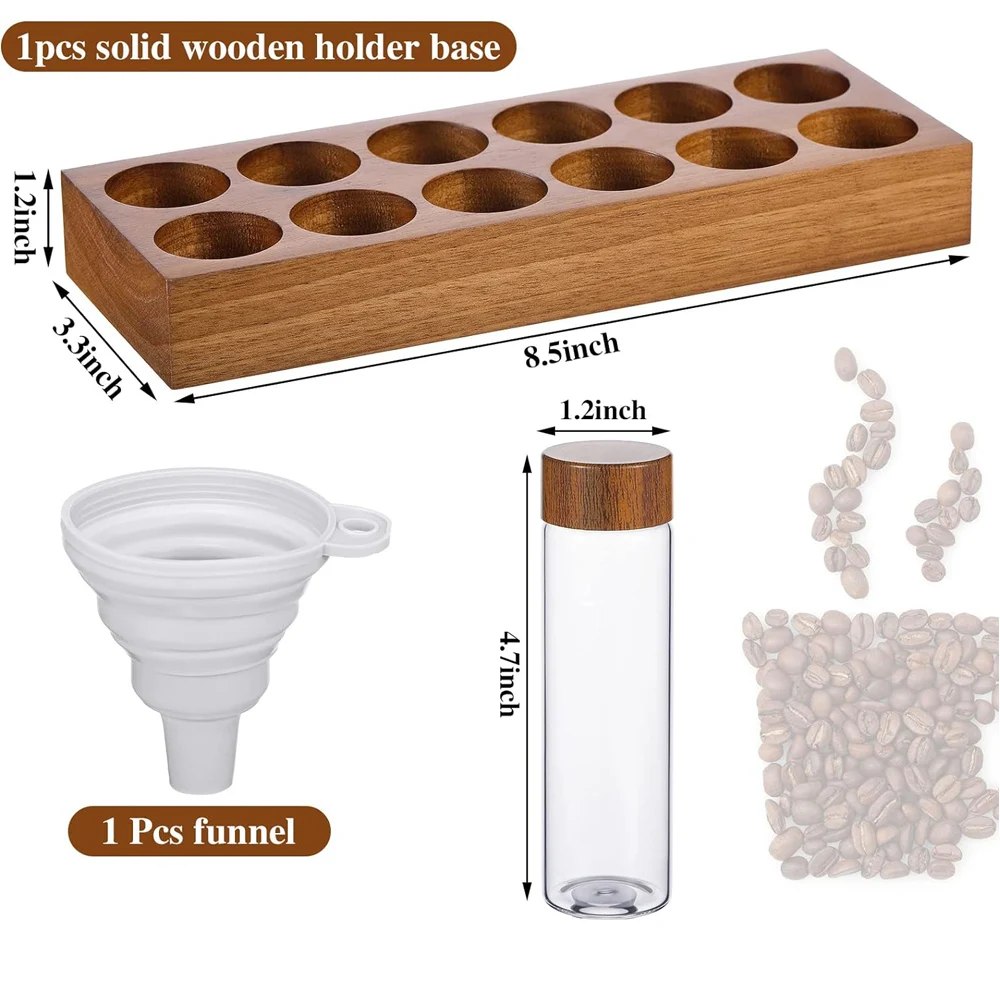 Glass Coffee Beans Storage Tubes 12pcs Coffee Bean Cellars with Wooden Stand Single Dose Glass Coffee Bean Container Airtight