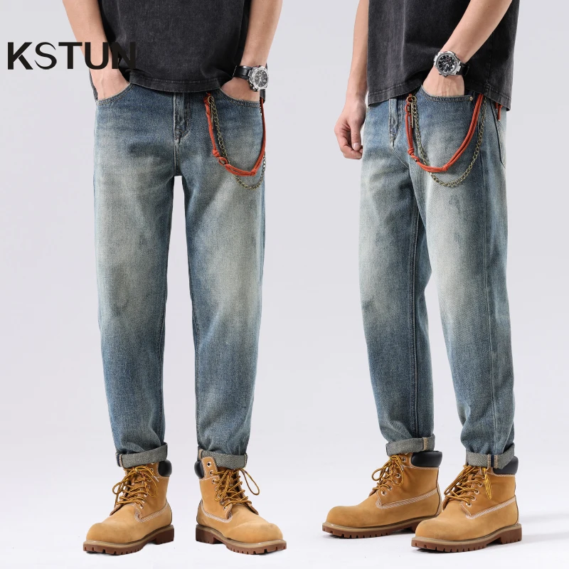 

2024 Men Jeans 100% Cotton Loose Fit Fashion Pockets Desinger Saches Male Ankle Length Harem Pants Taper Streetwear Casual