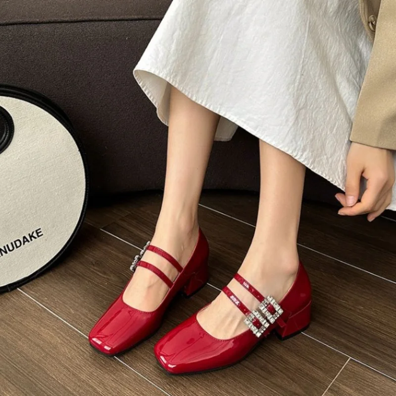 Luxury Crystal Belt Buckle Mary Janes Shoes Woman Red Patent Leather Single Shoes Ladies Elegant Square Heel Wedding Party Pumps