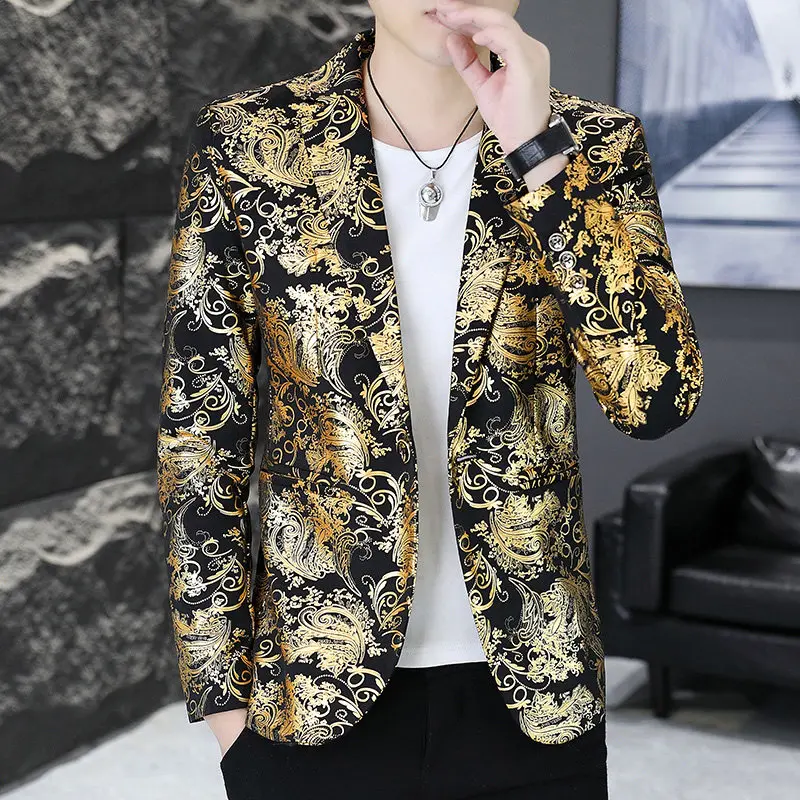 

Men's Gold Emed Casual Tailored Jaet Faionable Korean Sle Spring Autumn omsmen Suit Haome Print Coat