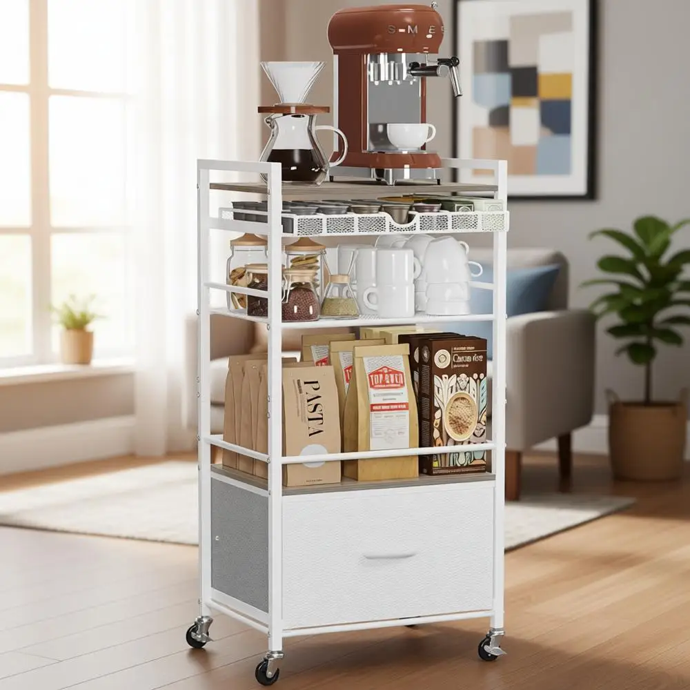 

5-Tier Rolling Coffee Station Table with Storage, 33.6 High Cart for Home Kitchen or Bar Area, White Finish