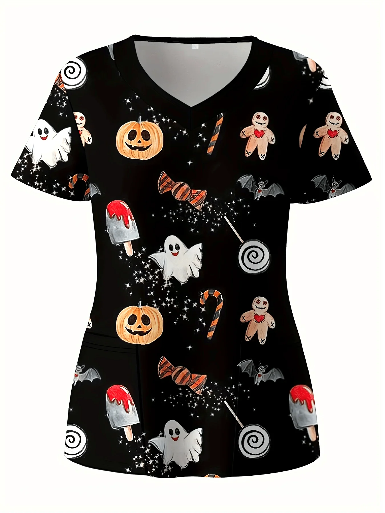 Damen-Scrub-Oberteil mit gruseligem Halloween-Design, Süßigkeiten-Geister-Kürbis-Print, V-Ausschnitt, kurze Ärmel, Taschen, Krankenschwesteruniform für medizinisches Personal – Detail 1