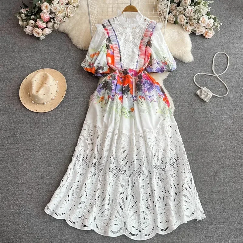 Retro Palace Style Bubble Short Sleeve Stand Collar Slim A-Line Dress Women Water Soluble Hook Floral Hollowed-Out Lace Dresses