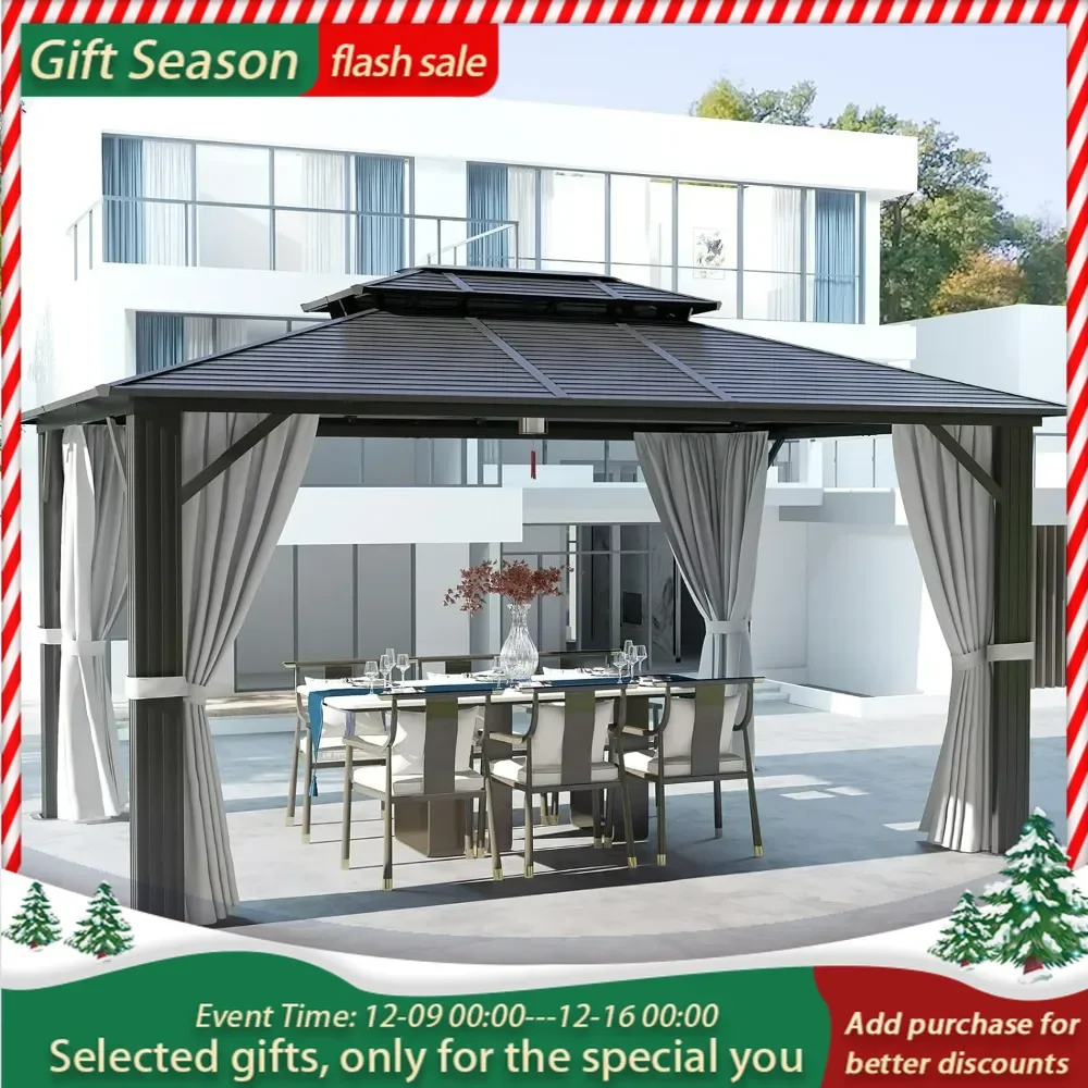 Hardtop Outdoor Gazebo 10'x12' with Galvanized Steel Double Top Roof, Aluminum Frame Gazebo with Netting and Curtains for Patios