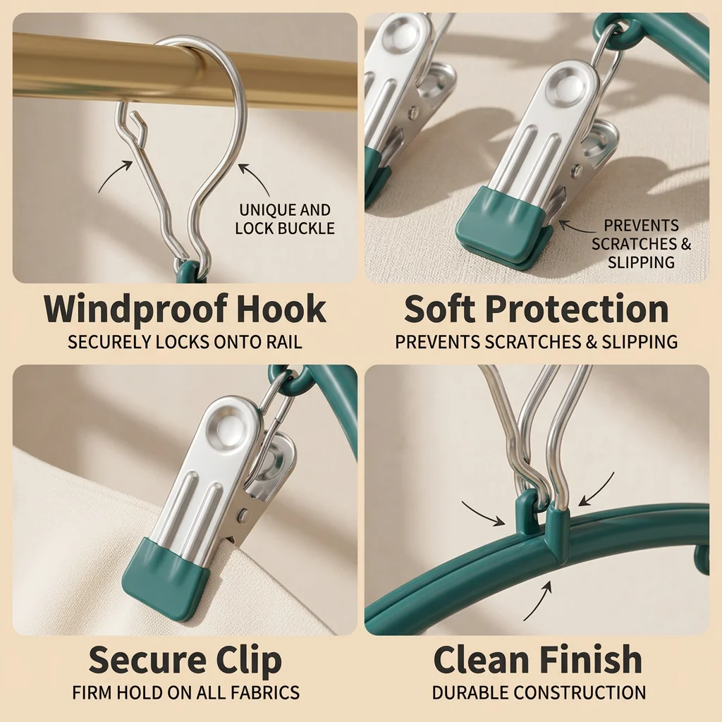 Windproof Arc Stainless Steel Drying Rack 10 Clips Non Slip Space Saving Laundry Hanger for Socks Underwear Towel Storage view 5
