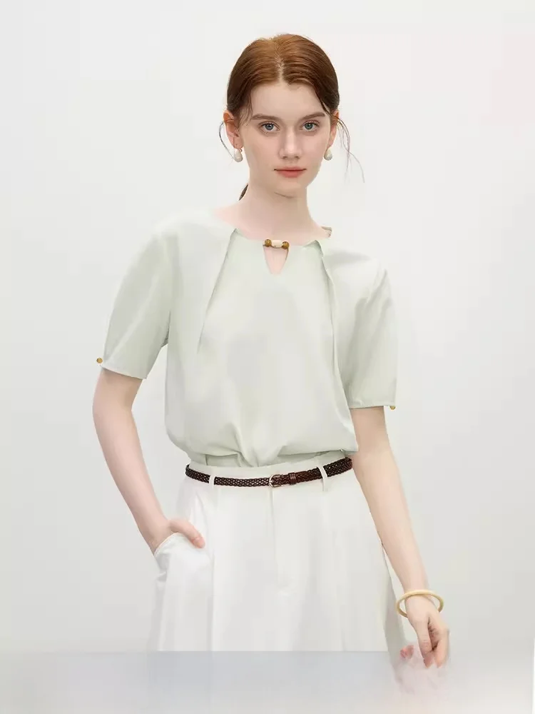 

Diamond Collar Decorative Faux Jade Shirt Women's Summer New Style Regular Shoulder Fit Shirt Comfortable Breathable Pure Color