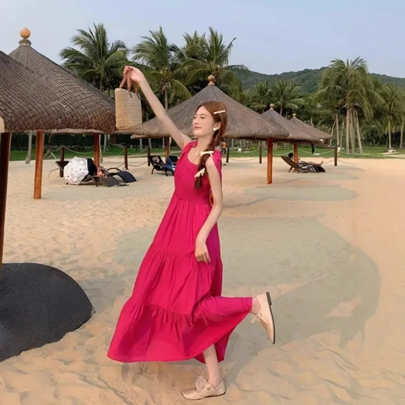 Vestido de tirantes con hombros descubiertos para vacaciones en la playa, minivestido de Color rojo para mujer, falda elegante informal sin mangas para vacaciones