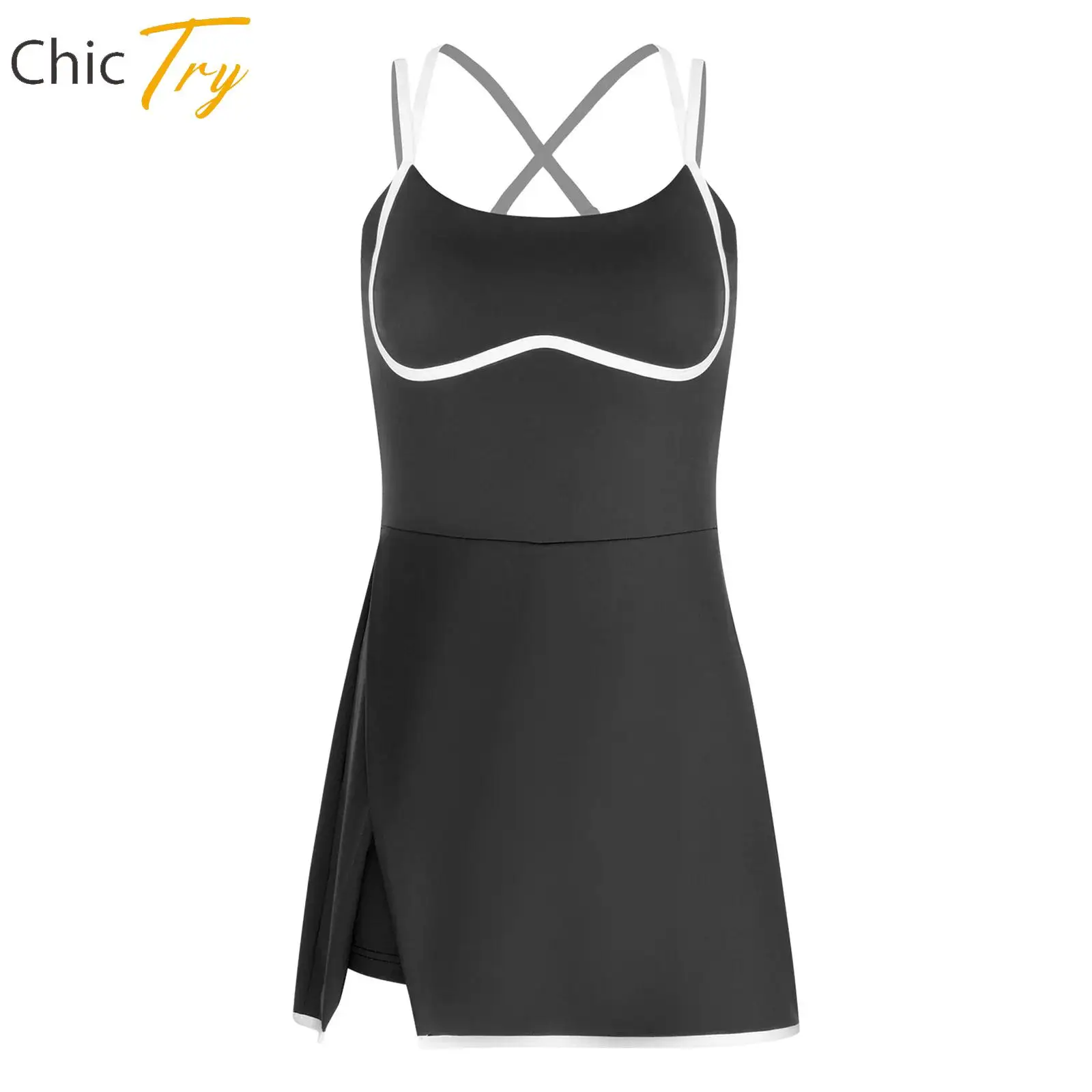 

Women's Workout Tennis Golf Dresses Outdoor Casual Daily Wear Stylish Sleeveless Side Split Dress with Built-in Bra And Short
