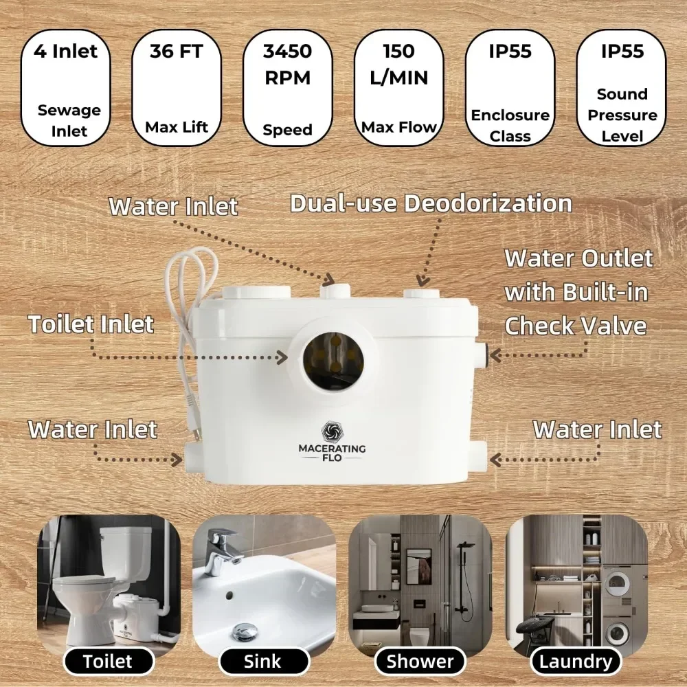 750W Macerating Toilet System with 4-Inlet, Durable Pump, Extension Pipe - Easy Install, Space Saving