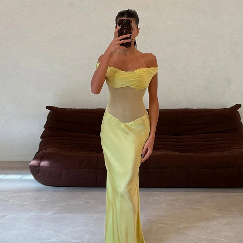 ZX25253PFO Vollständig verwaltetes, heiß verkauftes, schulterfreies Mesh-Patchwork-Satin-Kleid mit elegantem Design-Sinn