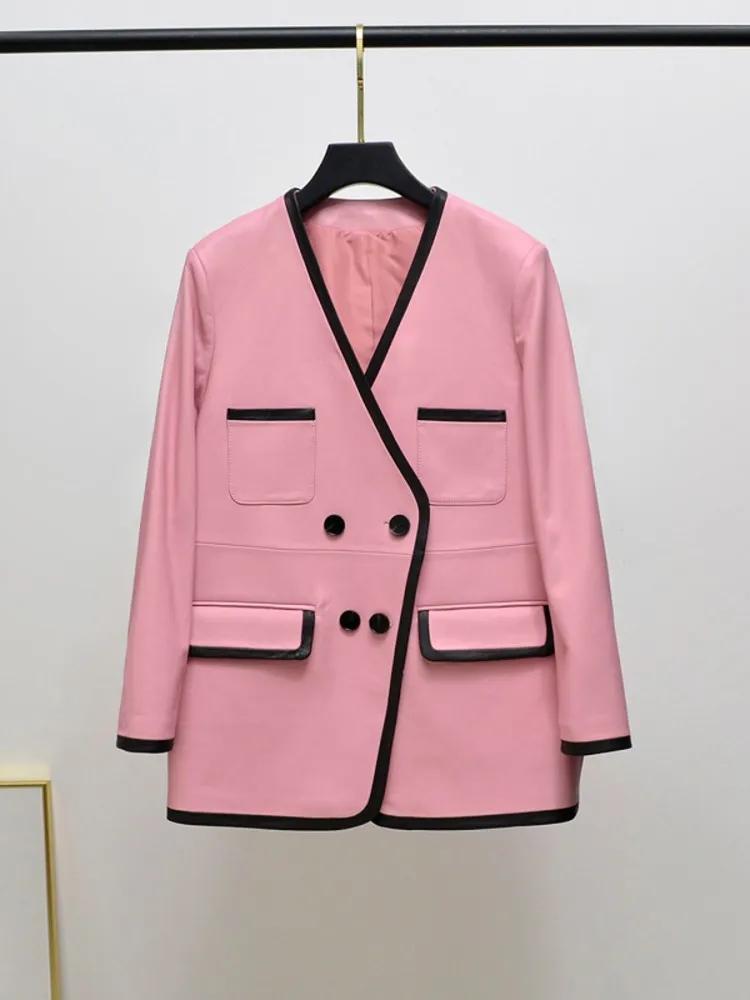 Spring Women Double Breasted Sheespkin Genuine Leather Blazer Jacket Loose Fit Panelled V Neck Office Lady Mid Long Suit Coat