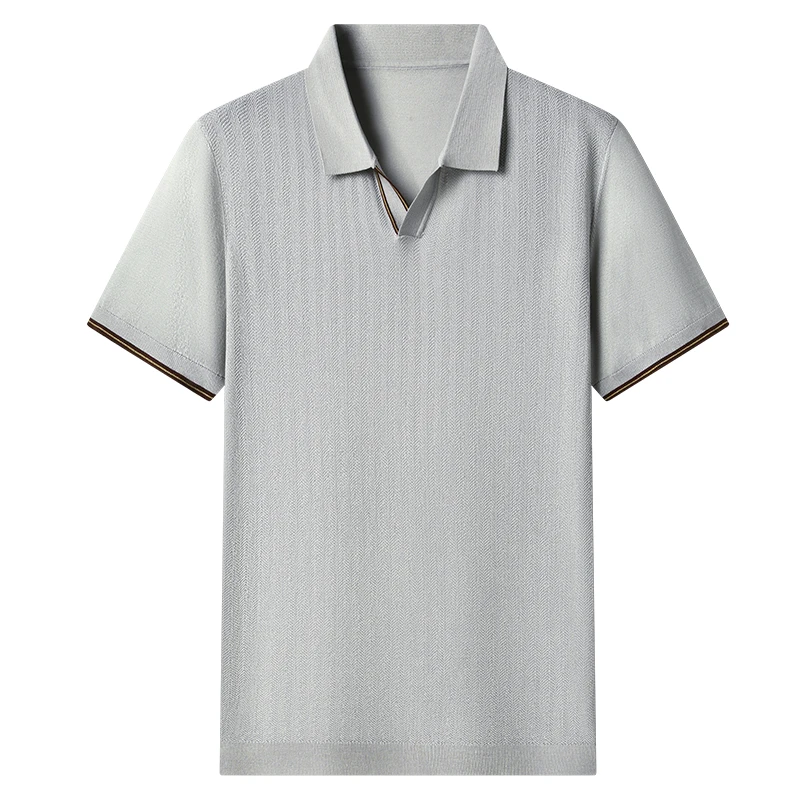 New Trendy Lyocell Men Tops 2025 Summer Breathable Mulberry Silk Knit Polos Fashion Turn Down Collar Silk Collor Knitwear Shirts