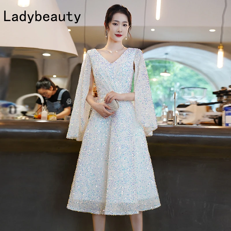 

Ladybeauty White Evening Dresses V-Neck Long Sleeves Tea-length New Sequins Simple Plus size Customized Woman Formal Dress