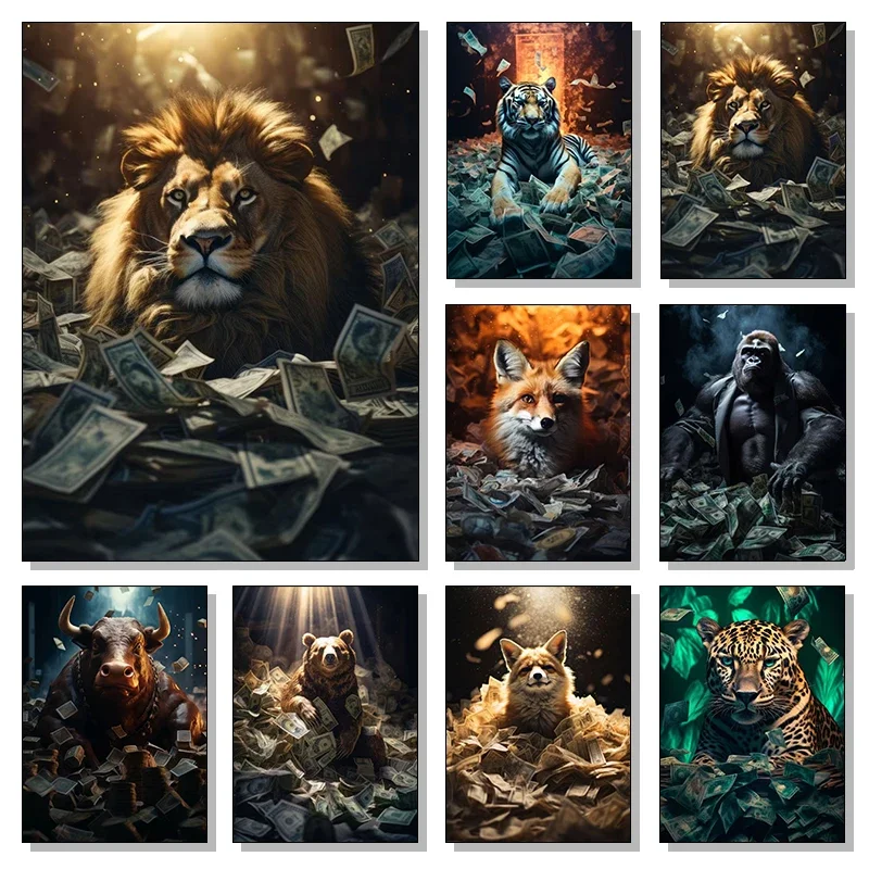 1pc frameless Canvas Painting 1pc frameless canvas Interesting Animal Portraits Leopards Tigers Lying In Banknotes Animals Poste