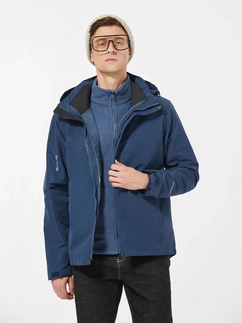 Men's 3-in-1 Ski Jacket Two-piece Set Detachable Liner Warm Waterproof Windproof Cardigan Jacket