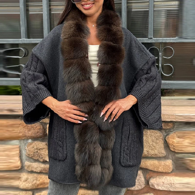 Women Faux Fur Collar Cape Coat Cable Knit Batwing Sleeve Open Front Loose Outerwear Elegant Winter Party Ladies Warm Jacket