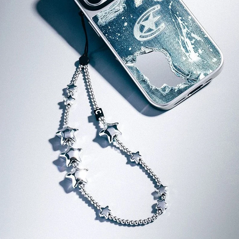 

Silver Star Beads Phone Charm Short Chain Mobile Phone Straps for IPhone Lanyard Bracelet for Samsung Galaxy