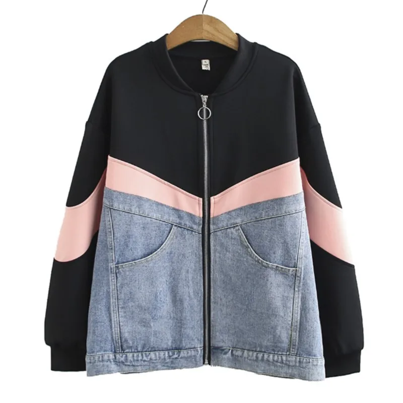 2023 Autumn Women Clothes Plus Size Casual Zip Coat Stylish Patchwork Denim Contrasting Color Jacket Curve Female S56 856