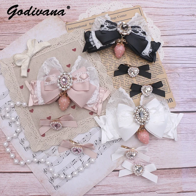 

Handmade Japanese Mines Hairpins Girl Women's Pearl Rhinestone Lace Strawberry Pendant Big Bow Hair Clips Lolita Headwear