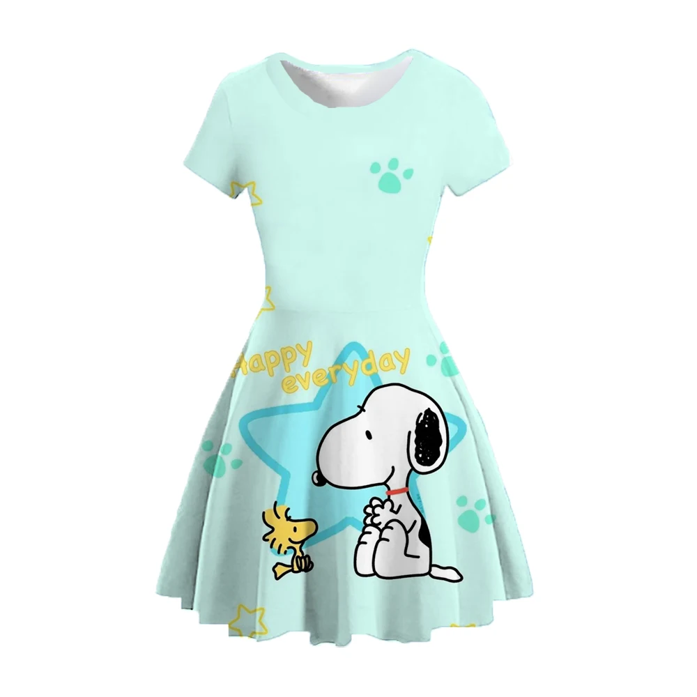 2024 Girls Short Sleeve Dress Cute Stitch 3D Printed Skirt Summer New Sweet Girl Sundress Snoopy Girls