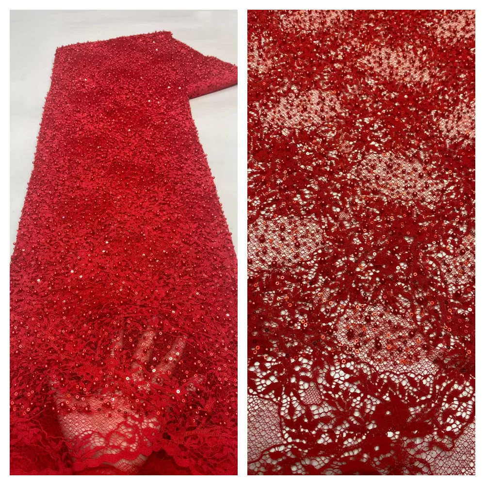 2026 Luxury French African Handmade Embroidery Crystal Beads Lace High Quality Nigerian Sequin Lace Fabric For Wedding Dress