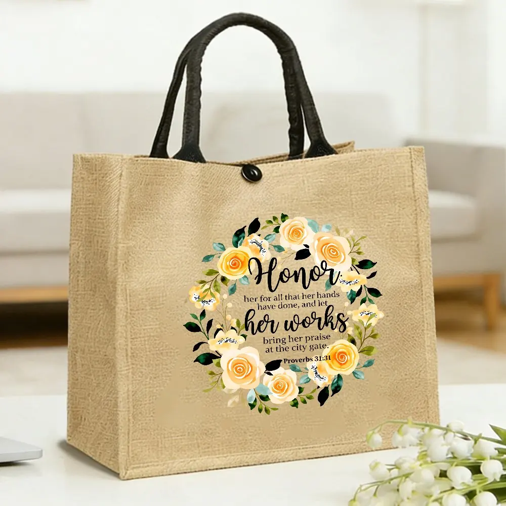 

1pc Tote Bag, Jute Bag for Women,Mother's Day Present,Bible Verse from Proverbs 31:31 Floral Wreath Design, Outdoor and Travel
