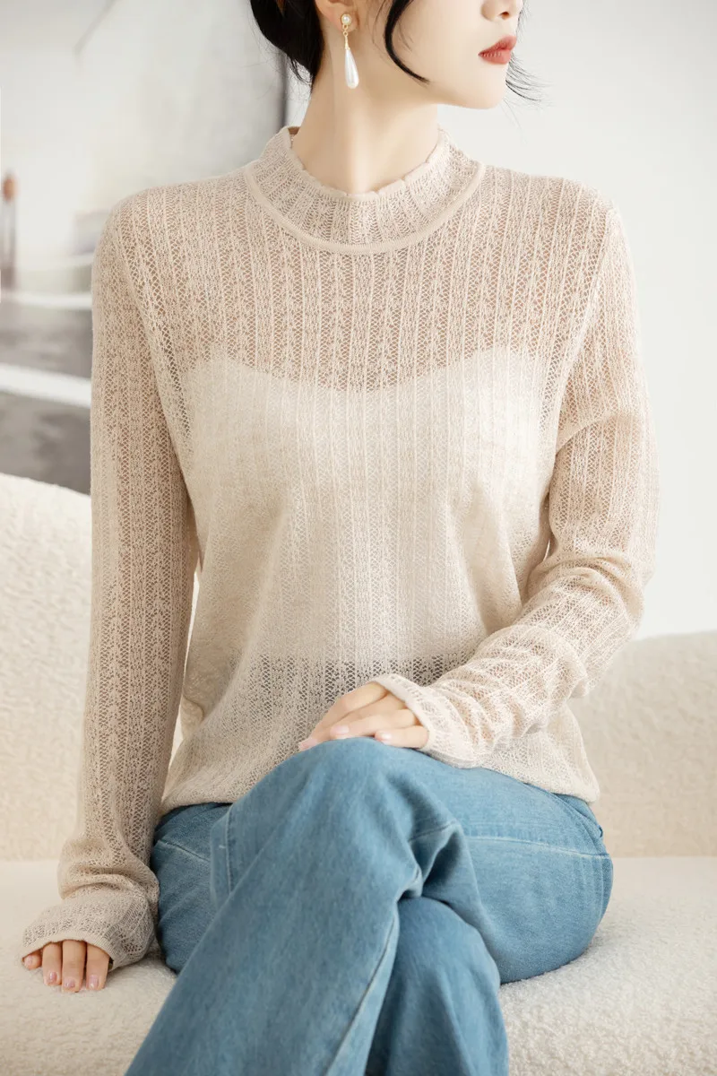 

Women Spring Autumn Fine Wool Organza Sweater Half-high Collar Hollow Pullover Basis Casual Knitwear Long Sleeve Tops