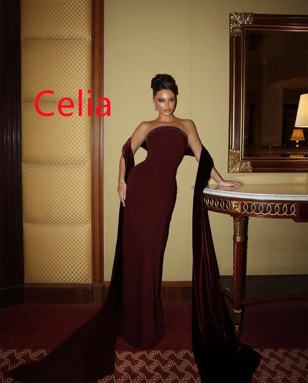 Customized Exquisite Burgundy Jersey Evening Dress Soft  Strapless Sleeveless Zipper Back Crystal Backless Open Back Prom Dress